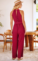 2 x Brand New Toplop Jumpsuit Women Elegant Sleeveless Trouser Suit Summer Round Neck Pleated Jumpsuit Halterneck Overall with Belt and Wide Trouser Leg Wine Red X-Large - RRP €78.62