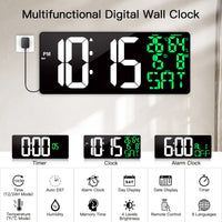 1 x RAW Customer Returns XREXS 18 Large Digital Wall Clock with Remote Control, Auto DST LED Clock, Adjustable Brightness Digital Alarm Clock, with Temperature Alarm Date Day of the Week 8 Languages  - RRP €54.35