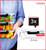 1 x RAW Customer Returns edallo - 3 large food storage containers made of premium glass with strong leak-proof lids. Dishwasher, oven, freezer and microwave safe. Meal prep boxes and storage containers. Set 3x1 liter - RRP €30.98