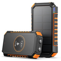 1 x RAW Customer Returns Hiluckey Solar Charger 26800 mAh with 4 USB Portable External Battery USB C Waterproof Wireless Power Bank with 2 LED Lights for Smartphones, Tablets Orange  - RRP €30.92