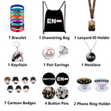 4 x Brand New ZHENGGE Kpop Enhypen Gift Set Includes Drawstring Backpack, Necklace, Earrings, Bracelets, Button Pins, ID Card Badge Holder, - RRP €123.92