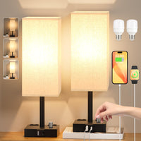 1 x RAW Customer Returns Kakanuo bedside lamp set of 2 with USB A Type-C ports, 2 sockets, continuously dimmable, 2 LED bulbs, table lamp with rotary switch for bedroom, living room, coffee table, baby room, hotel - RRP €55.45