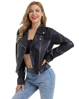 1 x RAW Customer Returns DIASHINY Black Faux Leather Short Jacket for Women PU Slim Zip Up Moto Biker Coat Short Motorcycle Jacket 013 Small - RRP €49.99