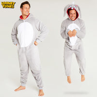 1 x RAW Customer Returns Looney Tunes Jumpsuit Men - Onesie Men Sizes M-2XL - Cozy Hooded Fleece One-Piece Jumpsuits for Men Grey Bugs Bunny, L  - RRP €31.25