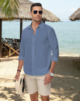 1 x Brand New HMIYA Men s Cotton Linen Shirt Long Sleeve Button Down Regular Fit Stand Collar Shirt, Blue, L - RRP €29.99