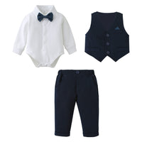 1 x RAW Customer Returns Gentleman s Outfits and Coordinates for Baby Baptism, 3 Pieces Boy Wedding Ceremony Outfits Bow Shirt Waistcoat Trousers Dark Blue, 6-9 months  - RRP €40.99