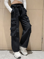 1 x RAW Customer Returns Rolanko Girls Baggy Cargo Pants, Elastic High Waist Straight Wide Leg Streetwear Pants with Multiple Pockets, Black, Size 160 - RRP €33.99