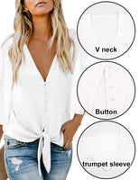 1 x RAW Customer Returns Vancavoo Women s Blouse Elegant Shirt Loose V-Neck Blouse Shirt 3 4 Sleeve Bell Sleeve Tops Casual Summer Tops with Buttons, White XL - RRP €21.89