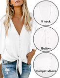 1 x RAW Customer Returns Vancavoo Women s Blouse Elegant Shirt Loose V-Neck Blouse Shirt 3 4 Sleeve Bell Sleeve Tops Casual Summer Tops with Buttons, White XL - RRP €21.89