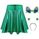 1 x RAW Customer Returns MIAHART Halloween Alien Headband and Metallic Skirt Flared Pleated Skater Skirt for Halloween Accessories Decorations Green, Large  - RRP €18.02