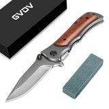 1 x RAW Customer Returns GVDV folding knife with sharpener and nylon bag, pocket knife with silver coated, titanium coated outdoor knife with wooden handle, survival knife with safety lock for hunting, fishing - RRP €19.91