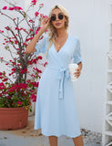 1 x RAW Customer Returns KOJOOIN Women Summer Dress Elegant A-Line Tunic Dress V-Neck Long Sleeve Belted Dress Multi-Purpose Light Blue Short Sleeve L - RRP €37.3