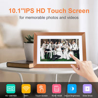 1 x RAW Customer Returns Digital Photo Frame WiFi 10.1 inch, okulaku Touch Electronic Smart Photo Frame HD IPS 16 GB Memory, Automatic Rotation, Adjustable Brightness, iOS and Android App, light brown - RRP €76.63