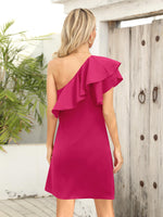 1 x RAW Customer Returns Missufe Mini Dress Ruffles One Shoulder Casual Dresses Women Summer Asymmetrical Off Shoulder Short Dress Rose Red, Large  - RRP €30.44