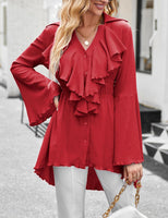 1 x Brand New MAYFASEY Women s Button Down Ruffle Pleated Shirt Dress Long Sleeve High Low Hem Mini Dress Casual Swing Dress, Red, XL - RRP €27.6