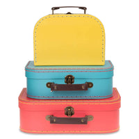 1 x RAW Customer Returns Jewelkeeper Decorative Cardboard Suitcases, Set of 3 - Toy Chest for Birthdays, Weddings, Christmas, Nursery, Office Decor, Display Cases and Photos - Red, Turquoise and Yellow Design - RRP €32.99