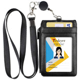 1 x RAW Customer Returns Teskyer Badge Holder, PU Leather Neck Badge Holder, with Retractable Lanyard, Zipper Pocket, 4 Card Slots, 1 Clear ID Window, Badge Holder for Work, School, Black - RRP €9.14