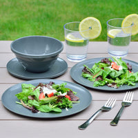 1 x Brand New Youngever Set of 18 Plastic Tableware, Plates 20CM 25CM , Bowls 1000ML , Service for 6 Dark Grey  - RRP €43.41