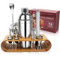 1 x RAW Customer Returns Cocktail set, stainless steel cocktail shaker bar set, 12 piece cocktail mixer set with wooden stand, measuring cup and bar spoon, 750 ml shaker cocktail gift set for home or the bar. 12 pieces  - RRP €22.67