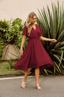 1 x RAW Customer Returns Women s Short Sleeve Dress High Waist A-Line Cocktail Dress with Belt Elegant Chiffon Summer Dress Red Wine XL - RRP €41.34