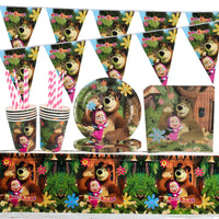 5 x Brand New Masha and the Bear Birthday Tableware, Masha and the Bear Theme Birthday Party Decoration Party Tableware Set Birthday Party Supplies with Plate, Cup, Tablecloth, Paper Plate, 52 pcs - RRP €103.2