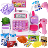 1 x RAW Customer Returns BUYGER Pack of 34 Electronic Cash Register Toy Supermarket Cash Register with Scanner Microphone Shop Accessories Role Play Toy for Girls Boys from 3 Years Pink , 25 x 12 x 16 cm - RRP €21.62