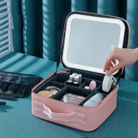 1 x RAW Customer Returns JADAZROR Makeup Bag with Mirror and Light, Travel Makeup Bag with 3 Color LED Lighted Makeup Organizer, Portable Makeup Case with Adjustable Dividers, Cosmetic Bag, Gift - RRP €35.99