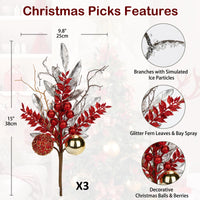 1 x Brand New Oairse Set of 3 Artificial Leaves with Christmas Tree Baubles Glitter Artificial Branch for Christmas Tree DIY Decoration Christmas Wedding Party Holiday Dining Table Centerpiece Silver Red - RRP €29.81