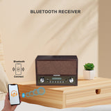 1 x RAW Customer Returns VOSTERIO Retro FM shortwave radio, wooden clock radio with wireless charging station, vintage radio with Bluetooth speaker, USB disk player, LCD display, alarm clock with 2 alarm tones - RRP €36.64