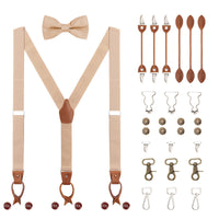 1 x RAW Customer Returns Men s Y-Shape 3.5cm Wide Suspenders Bow Tie Set 6 WAY TO WEAR Button- Clip- Lobster- Fastener Dungarees Buckle Extended Braces for Height 160-200cm - Beige - RRP €39.99