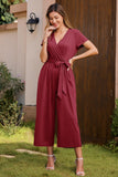 1 x RAW Customer Returns OUGES Jumpsuit Women Summer Elegant Overall Long Playsuit Short Sleeve Casual Trouser Suit with Pockets Wine Red, L  - RRP €39.31