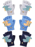 1 x Brand New 3 Pairs Dinosaur Convertible Mittens Cartoon Fingerless Gloves for Kids Blue, Navy, Grey  - RRP €22.8