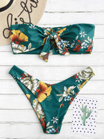 1 x RAW Customer Returns ZAFUL Women s Bandeau Off Shoulder Bikini Set Sexy Beachwear with Floral Print Knot Green, M  - RRP €36.99