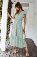 1 x RAW Customer Returns Awemeal Dress Women Summer Elegant V-Neck Short Sleeve Long Summer Dress Boho Floral Dress with Belt Ruffle Hem Wrap Dress Beach Dress A Line Flowing Maxi Dress XL, Green  - RRP €40.33