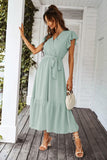 1 x RAW Customer Returns Awemeal Dress Women Summer Elegant V-Neck Short Sleeve Long Summer Dress Boho Floral Dress with Belt Ruffle Hem Wrap Dress Beach Dress A Line Flowing Maxi Dress XL, Green  - RRP €40.33