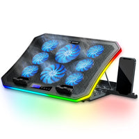 1 x RAW Customer Returns Laptop Cooler RGB Gaming Notebook Cooling Pads for Desk and Lap, MOOJAY Laptop Fan Stand 8 Height Adjustable with 8 Quiet Fans Cell Phone Stand, for 15.6-17.3 Inch Laptop - Blue LED Light - RRP €38.18