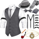 1 x RAW Customer Returns 1920s Men s Accessories with Vest Fedora Hat Pocket Watch Bow Tie Suspenders and Prop Gray, M  - RRP €33.26