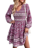 1 x RAW Customer Returns BebreezChic Women s Dresses Boho Mini Dresses Long Sleeve V-Neck Tunic Vintage High Waist Pleated Party Dress Beach Dresses Purple XL - RRP €39.32