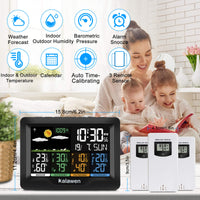 1 x RAW Customer Returns Kalawen weather station with 3 outdoor sensors indoor and outdoor multifunctional radio weather station color display digital with thermometer hygrometer DCF radio clock weather station for home office home garden - RRP €55.97