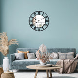 1 x RAW Customer Returns Lafocuse Giant Black Metal Vintage Mirror Wall Clock 57cm Silent Decorative Quartz Roman Numerals Living Room Bar Bedroom - RRP €32.76