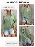 1 x RAW Customer Returns Maavoki Pullover Women s Lace Knitted Jumper, Casual Crew Neck Lace Long Sleeve Crochet Jumper, Elegant Plain Knitted Top Patchwork Tops Knitted Long Sleeve Shirt Green S - RRP €33.26