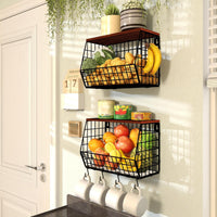 1 x RAW Customer Returns Mefirt Fruit Basket Hanging 2 Tier Fruit Basket, Fruit Bowl Hanging Basket Kitchen, Set of 2 Kitchen Organizer with Wooden Lid Wire Basket Stackable Wall Mountable for Storing Vegetables, Fruit and Snacks - RRP €45.99