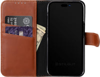 1 x Brand New STILGUT Talis compatible with iPhone 14 Pro 6.1 case with card compartment made of leather, flip cover, wallet case, mobile phone case with compartments stand function - Cognac - RRP €29.99