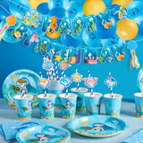 1 x Brand New EASY JOY Mermaid Ocean Birthday Decoration 130pcs Balloons Party Tableware Set 32 Paper Plates 16 Paper Cups Happy Birthday Banner Cake Decoration Ocean Animals for Birthday Party Children - RRP €19.15