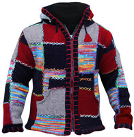 1 x RAW Customer Returns SHOPOHOLIC FASHION Unisex Hippy Boho Patch Nepalese Wool Hooded Jacket, Super Cozy Handmade Fleece Colorful Festival Sweatshirt with 2 Pockets, Red Blend M  - RRP €53.68