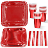 7 x Brand New Red Gold Party Tableware Set 72 Pieces Paper Plates, Striped Napkins, Paper Cups Red Foil Square Party Plates Parties Table Decoration - RRP €144.48