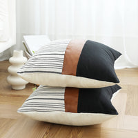 1 x RAW Customer Returns Throw Pillow Covers 18x18 Inch Farmhouse Cushion Covers Cotton Tan Faux Leather Decorative Throw Set of 2 Striped Textured Linen Throw Pillow Covers for Sofa Bedroom - RRP €15.95