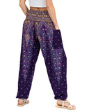 1 x Brand New Lofbaz Women Peacock Print Smocked Waist Harem Pants Purple M - RRP €43.73