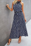 1 x RAW Customer Returns Awemeal Summer Dress Women Long Floral Pattern Boho Dress Sleeveless Halterneck Beach Dress Ruffle Maxi Dress with Belt L, 270 Dark Blue  - RRP €45.99