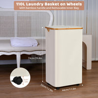 1 x RAW Customer Returns iEGrow 110L Laundry Basket with Lid, Large Laundry Collector with Wheels and Bamboo Handle, Laundry Baskets with Removable and Washable Inner Bag for Laundry Trees Bedroom Bathroom Beige  - RRP €33.26